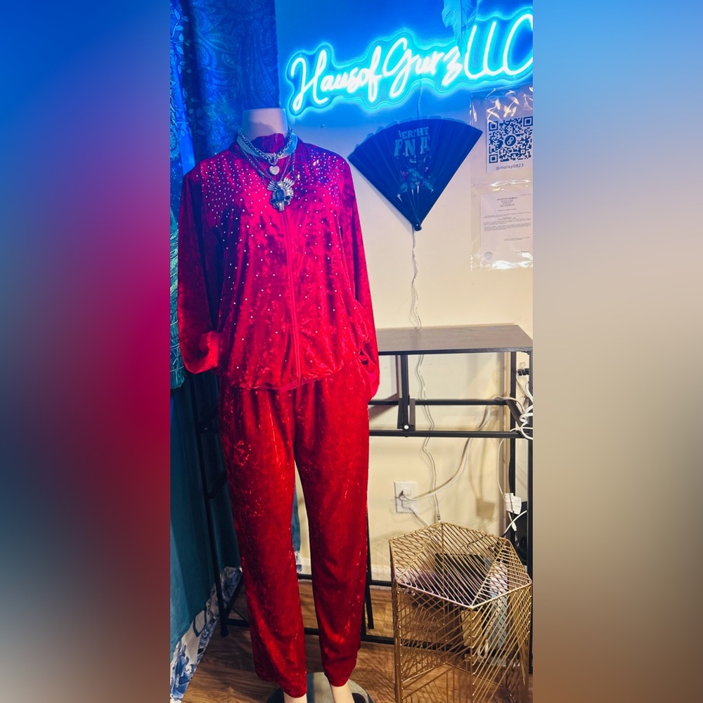 Essentials Red & Black Velour Track Pants & Jacket Set w Rhinestones | Classic